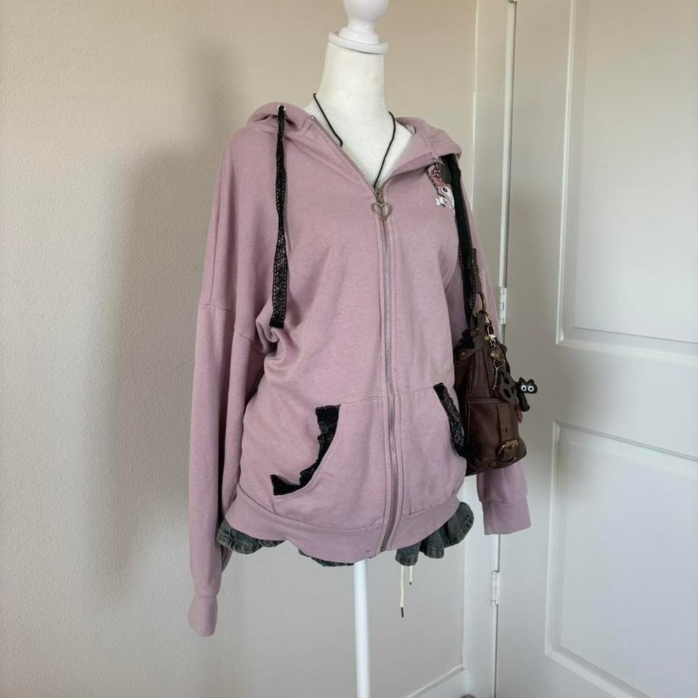 Pink My Melody zip-up hoodie with lace trim + bunny ears • * - Picture 3 of 6